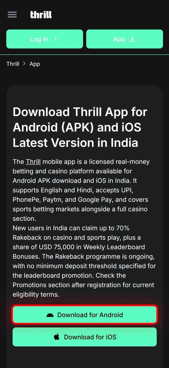 Tap the download button to get the latest Thrill Android app file.