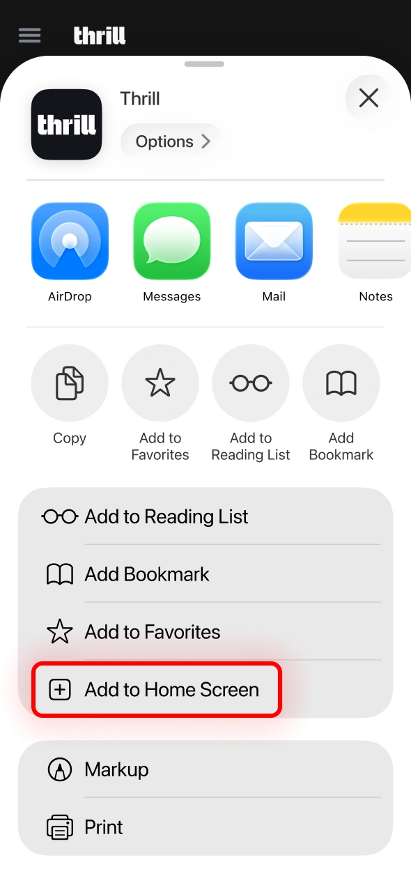 Add the Thrill app shortcut to your home screen for convenience.