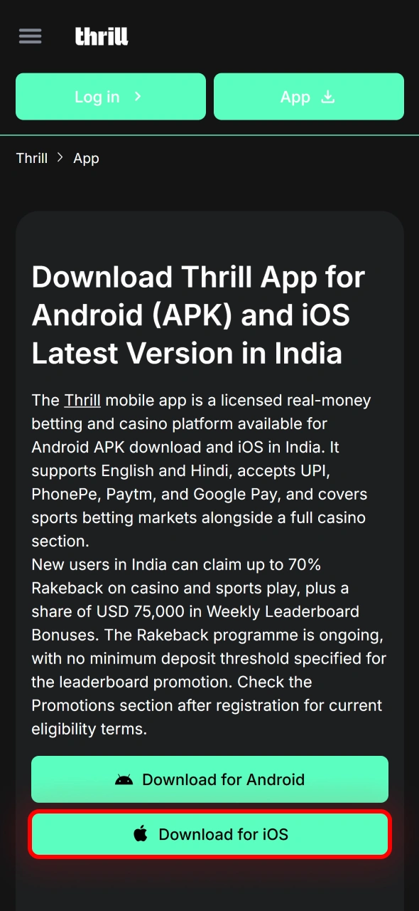 Tap the iOS download button to access the Thrill mobile application.