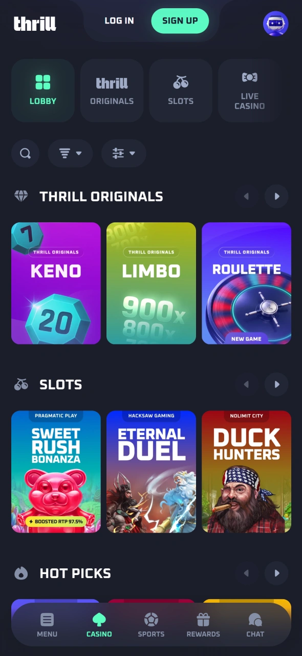 Enjoy casino games from the dedicated Thrill app section.