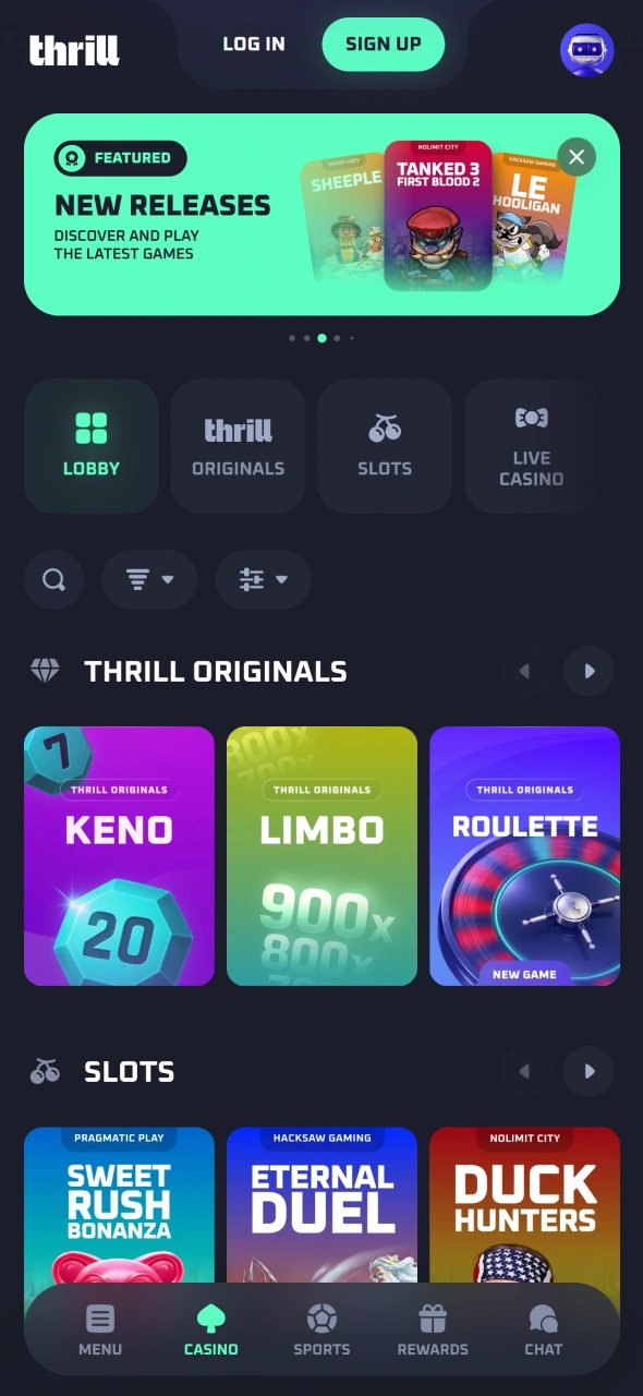 Browse the main page of the Thrill app for quick access.