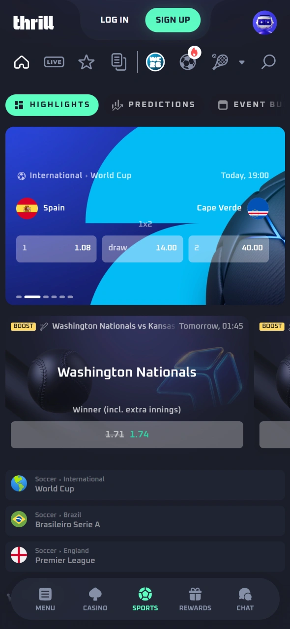 Access sports betting markets through the Thrill mobile app.