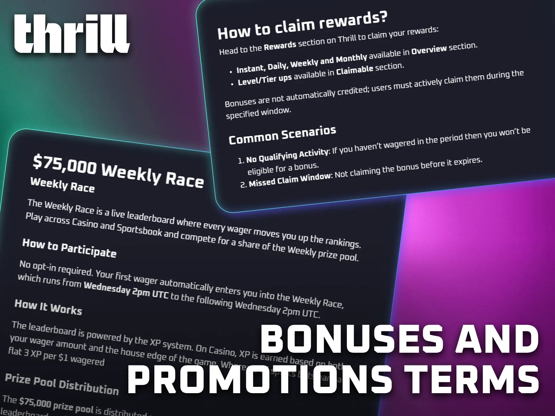 Review the bonus terms and conditions before claiming offers on Thrill.