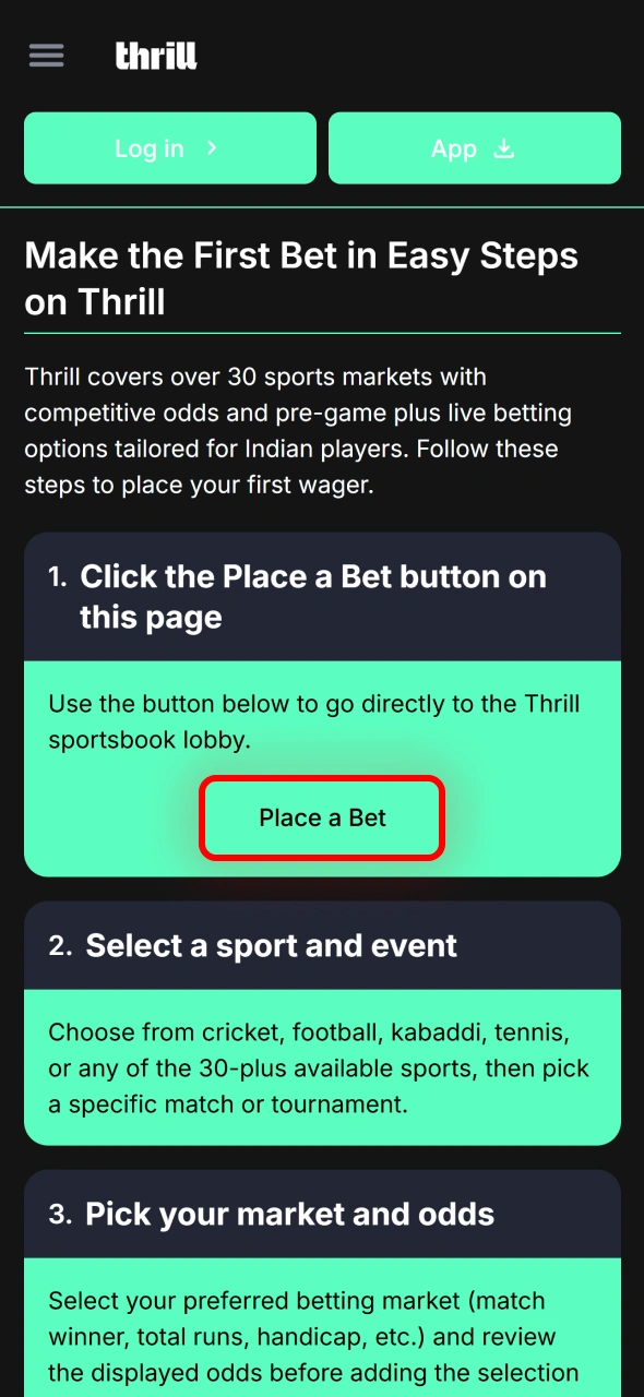Click the betting button on Thrill to begin creating your wager.