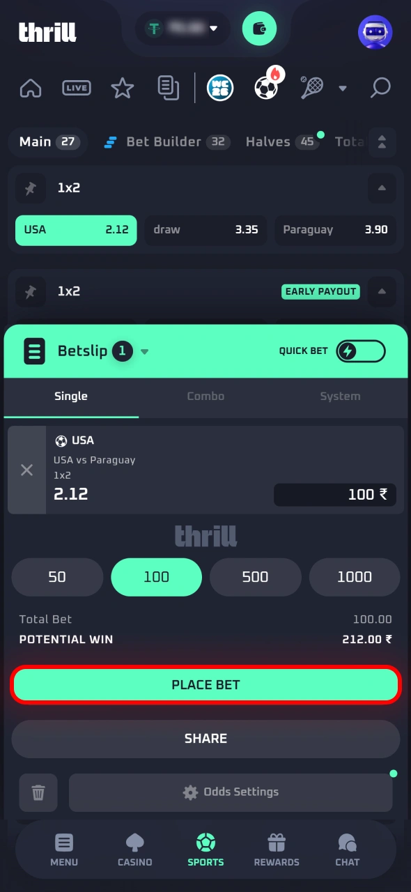 Confirm your selection and submit the bet through the Thrill platform.