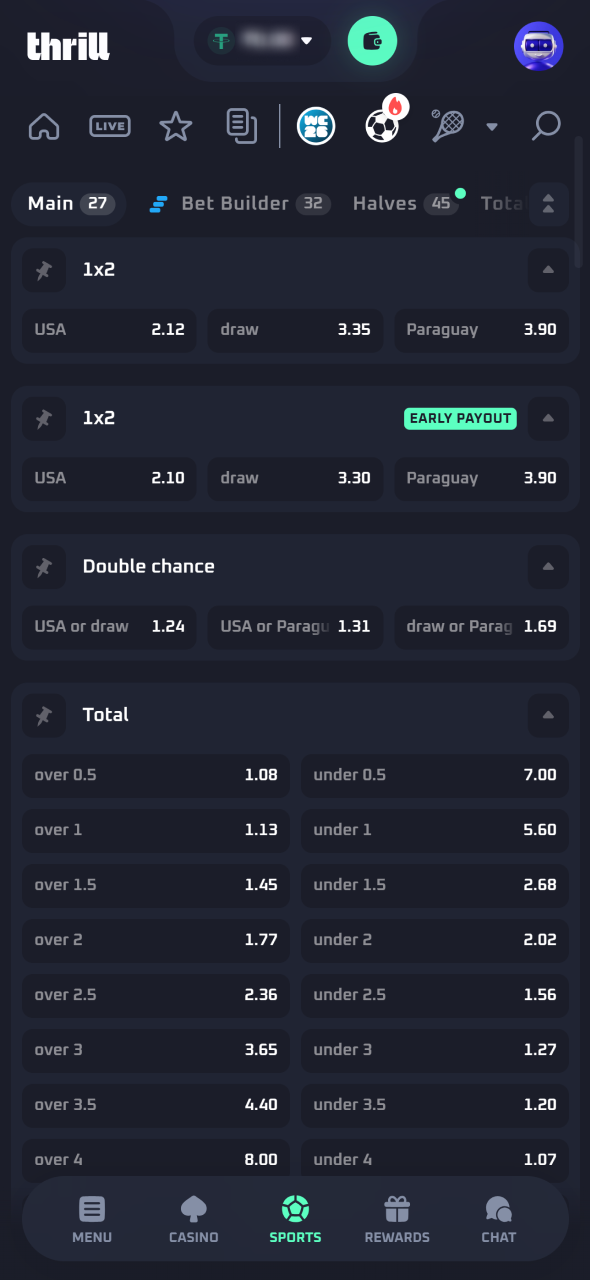 Choose your preferred odds and market before continuing on Thrill.