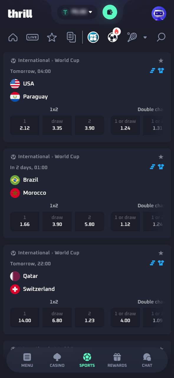 Select a sport and event from the available Thrill betting markets.