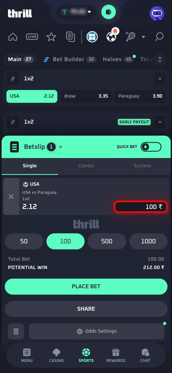 Enter your stake amount and review the wager details on Thrill.