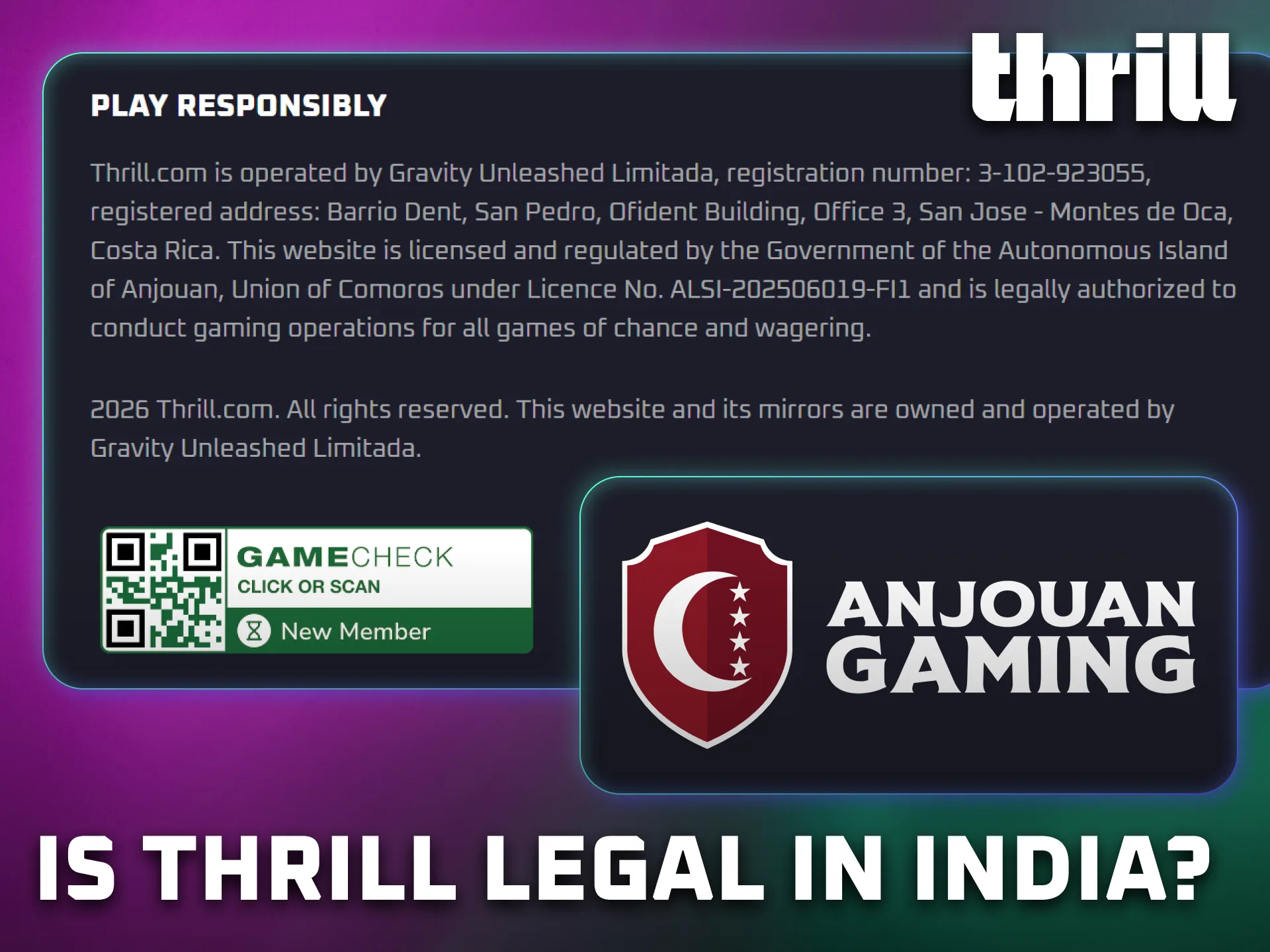 Learn about the legal status of Thrill for players located in India.