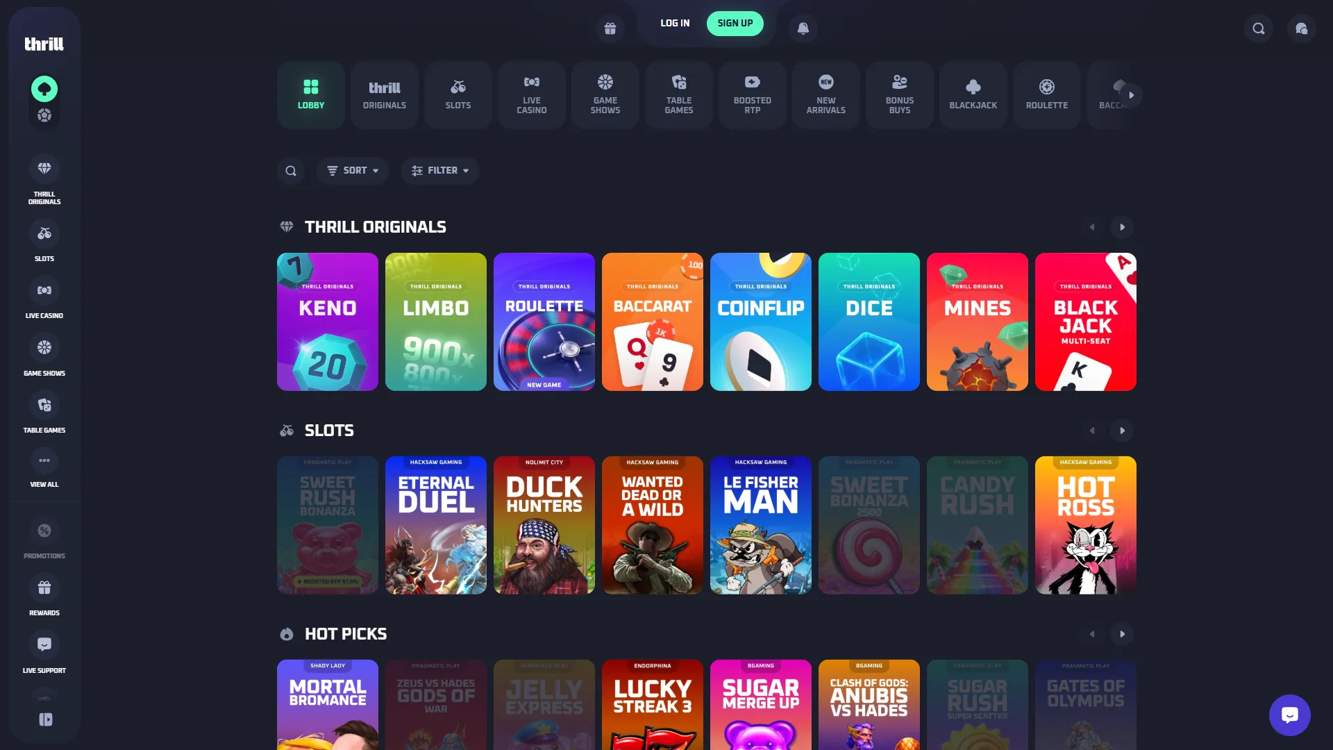 Enjoy a wide range of casino games available on the Thrill platform.
