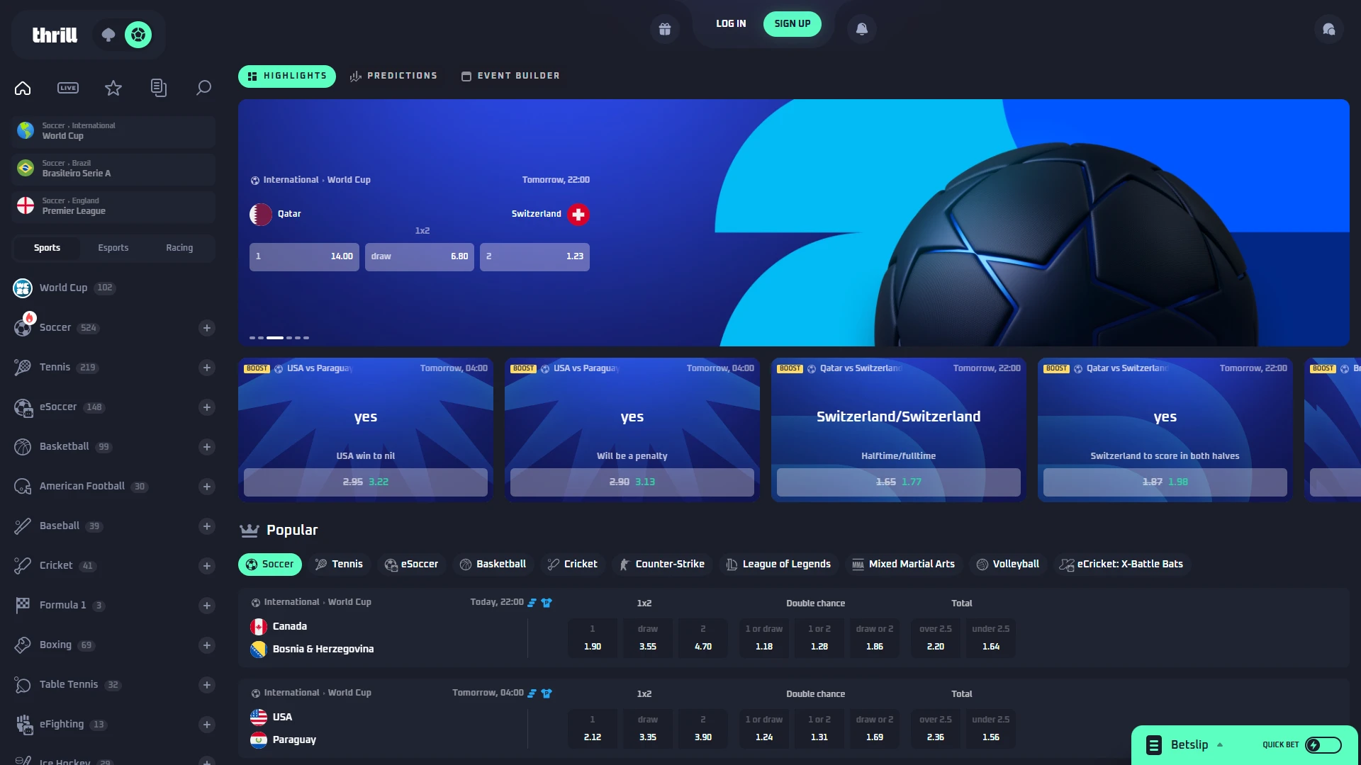 Access the Thrill sportsbook with markets across popular competitions.