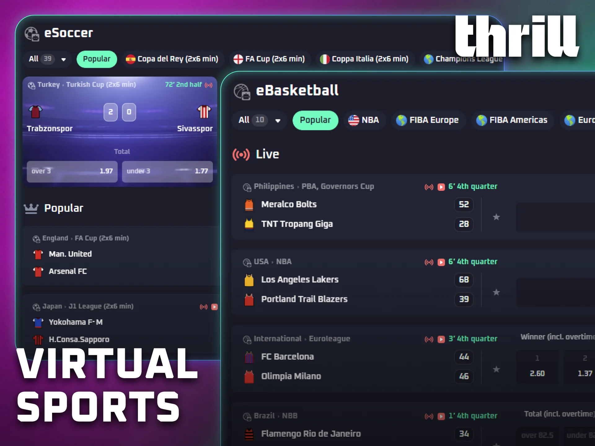 Explore virtual sports events available for betting on Thrill.